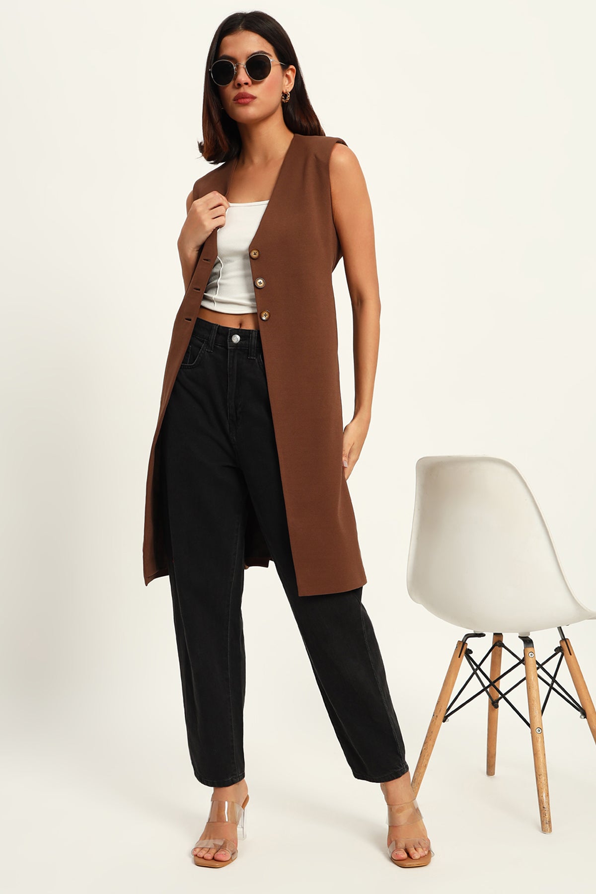 Empowered Long Vest Jacket, Brown