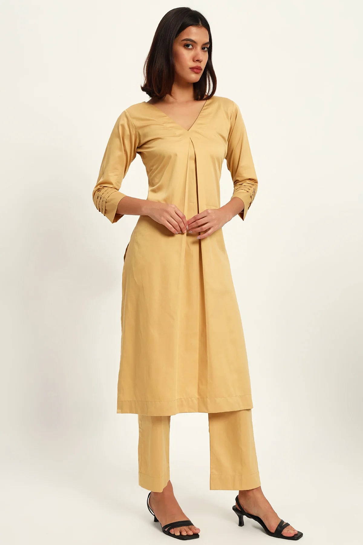 V neck, Harvest Beige Kurta Set