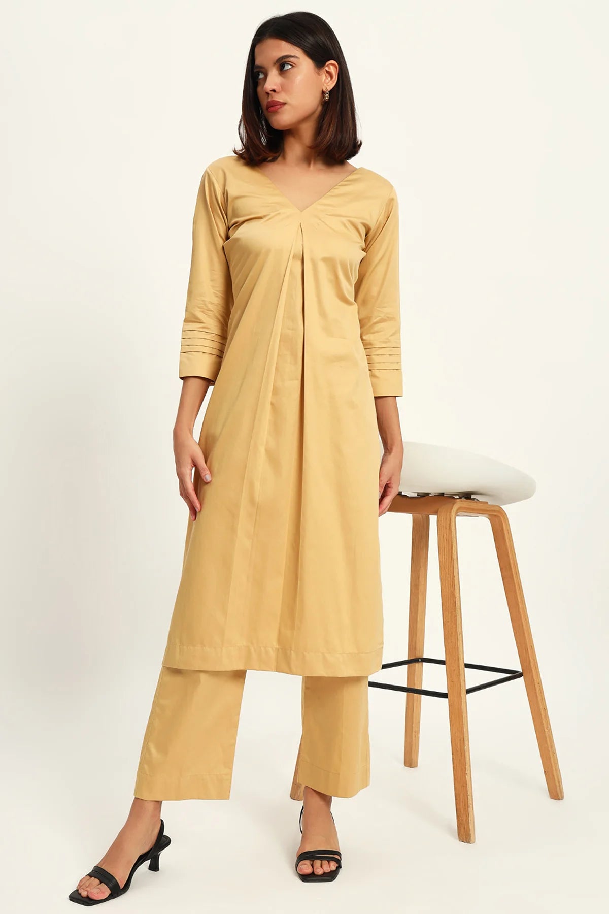 V neck, Harvest Beige Kurta Set