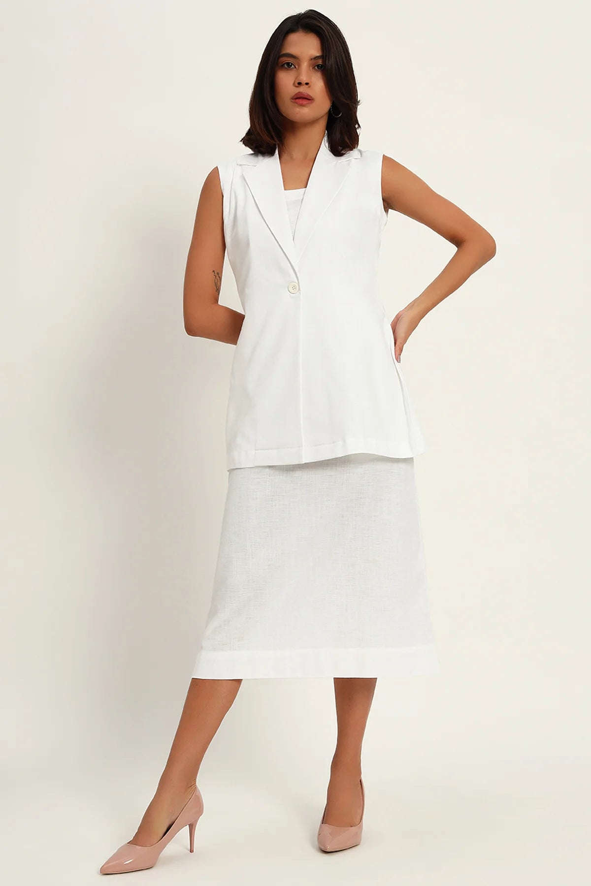 Luxe Linen Trio Jacket with Skirt Co-ord Set, White – Charcoal Threads