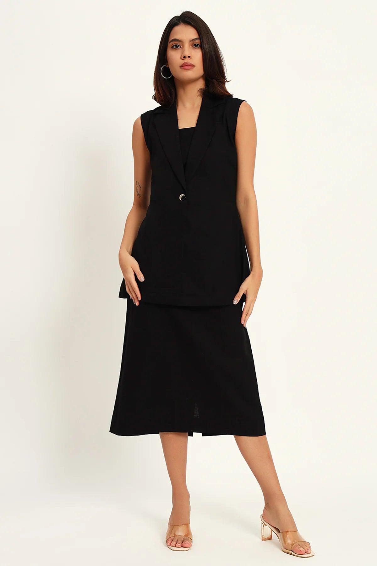 Luxe Linen Trio Jacket with Skirt Co-ord Set,  Black