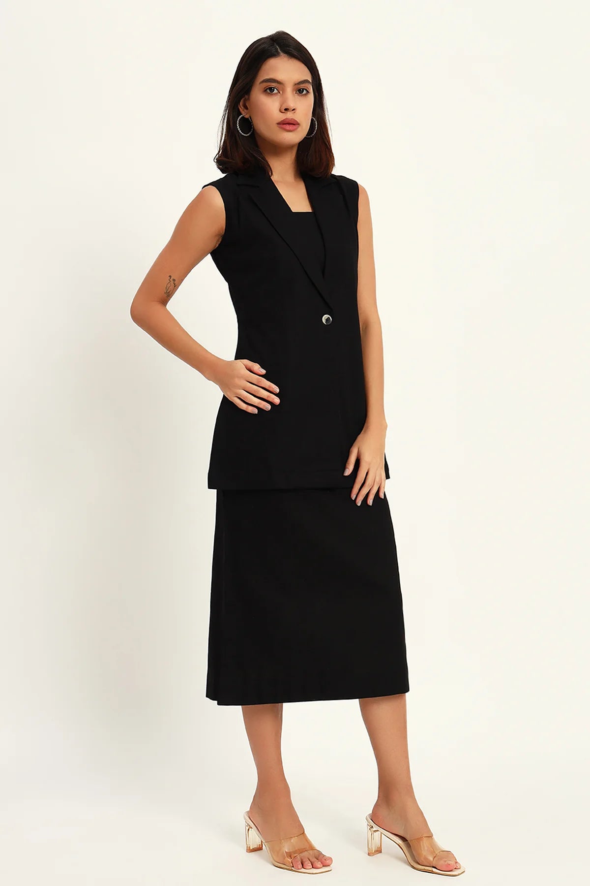 Luxe Linen Trio Jacket with Skirt Co-ord Set,  Black