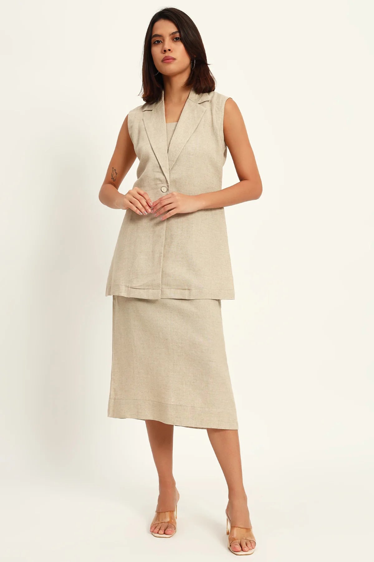 Luxe Linen Trio Jacket with Skirt Co-ord Set, Beige