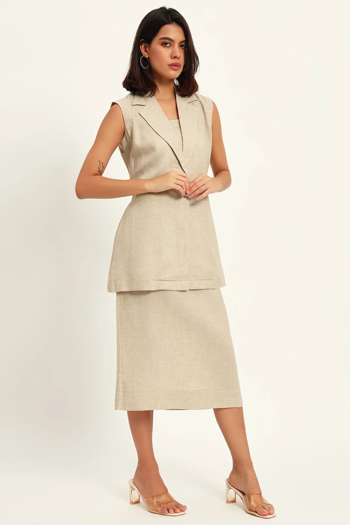 Luxe Linen Trio Jacket with Skirt Co-ord Set, Beige