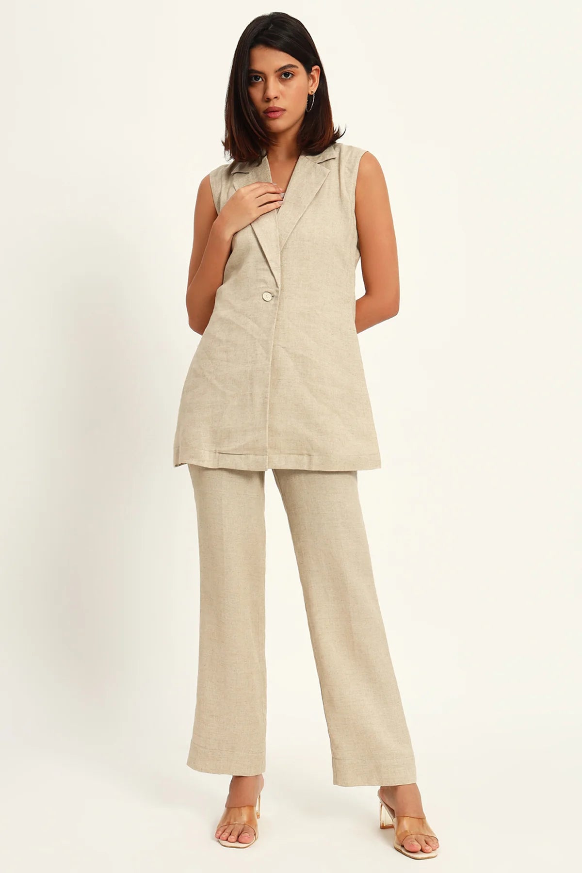 Versatile Linen Trio Jacket Co-ord Set, Beige