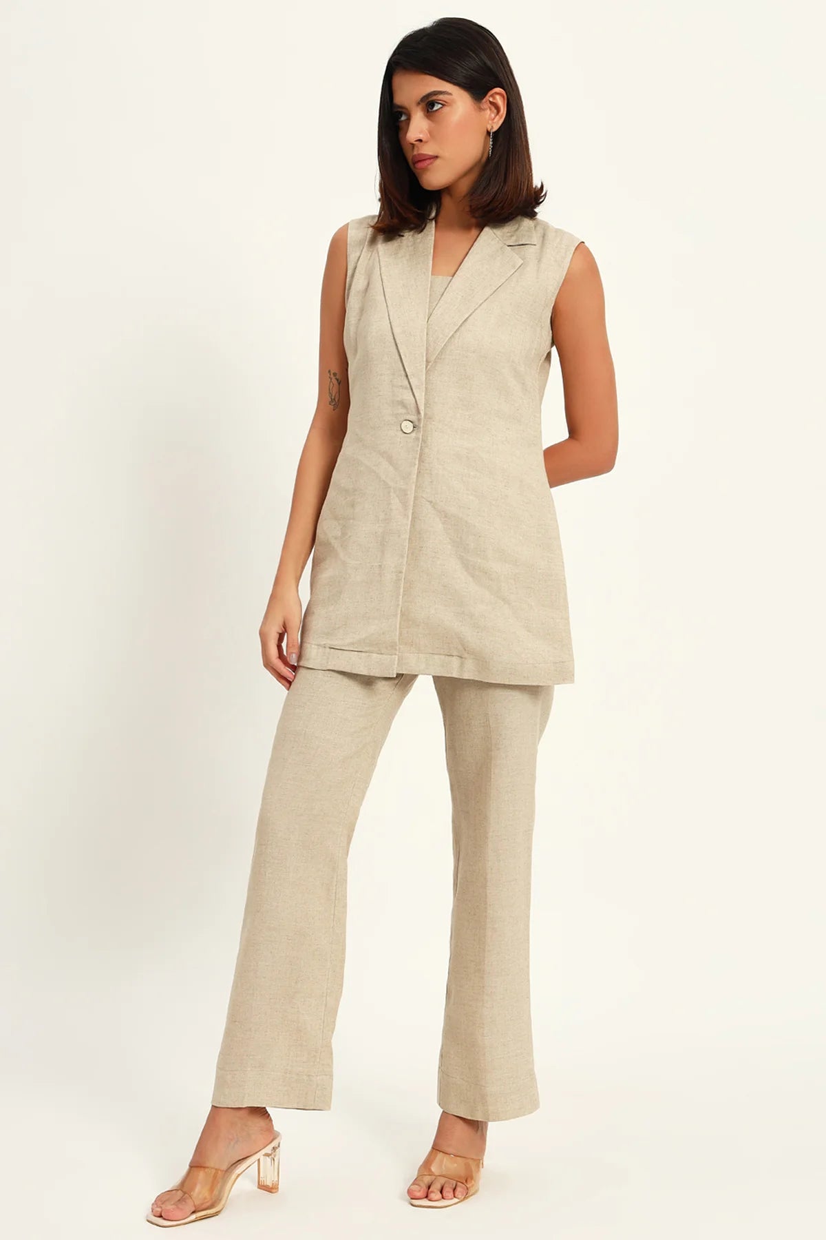 Versatile Linen Trio Jacket Co-ord Set, Beige