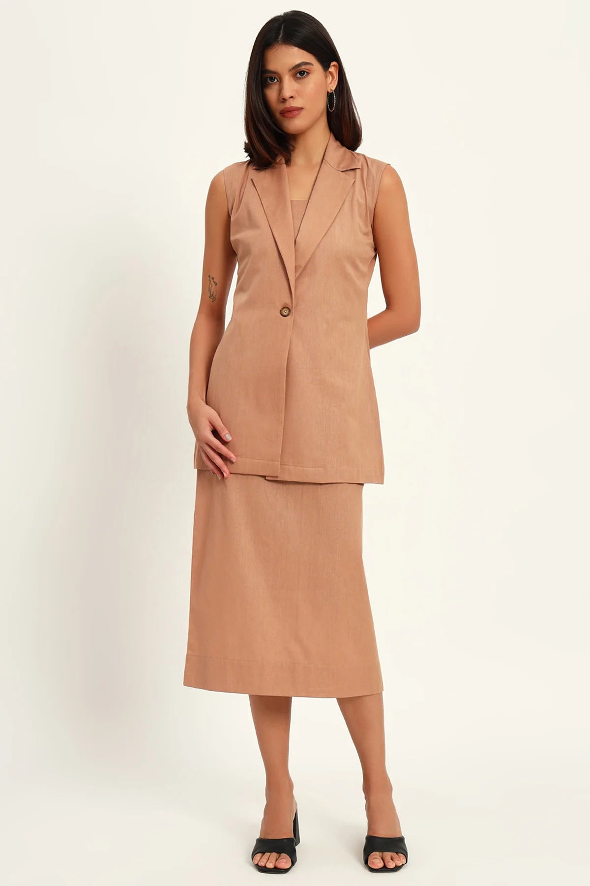 Luxe Linen Trio Jacket with Skirt Co-ord Set, Camel