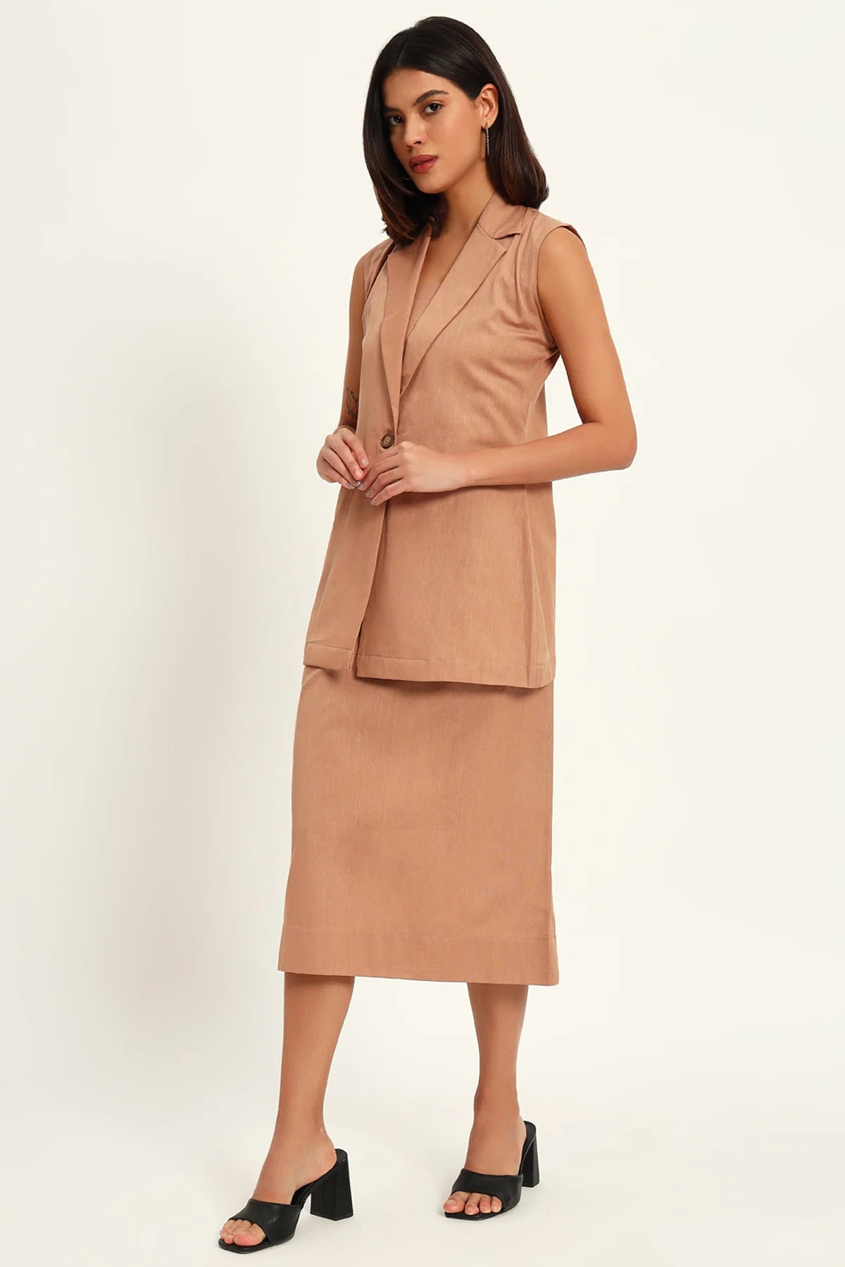 Luxe Linen Trio Jacket with Skirt Co-ord Set, Camel