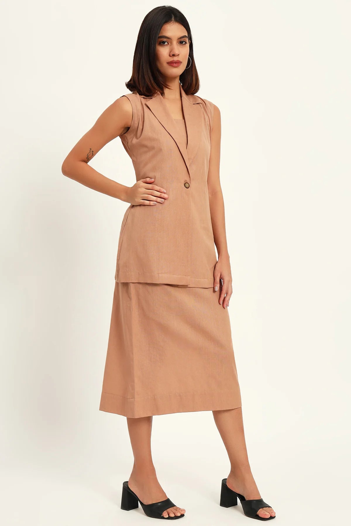 Luxe Linen Trio Jacket with Skirt Co-ord Set, Camel