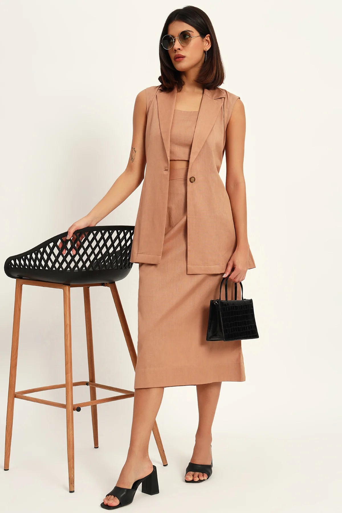 Luxe Linen Trio Jacket with Skirt Co-ord Set, Camel