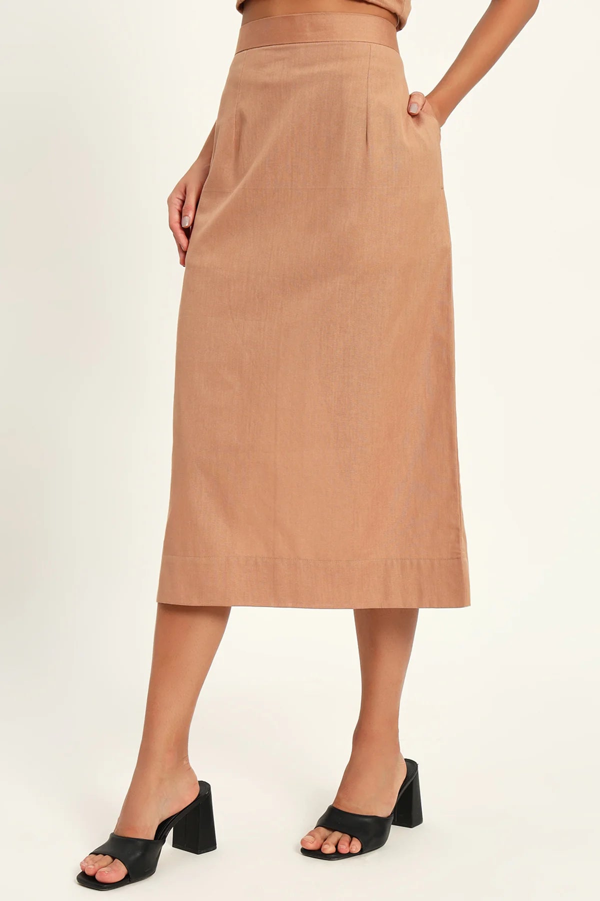 Luxe Linen Trio Jacket with Skirt Co-ord Set, Camel