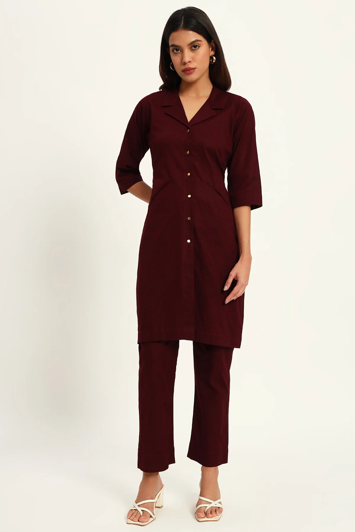 Signature Lapel Kurta Pant Set, Wine