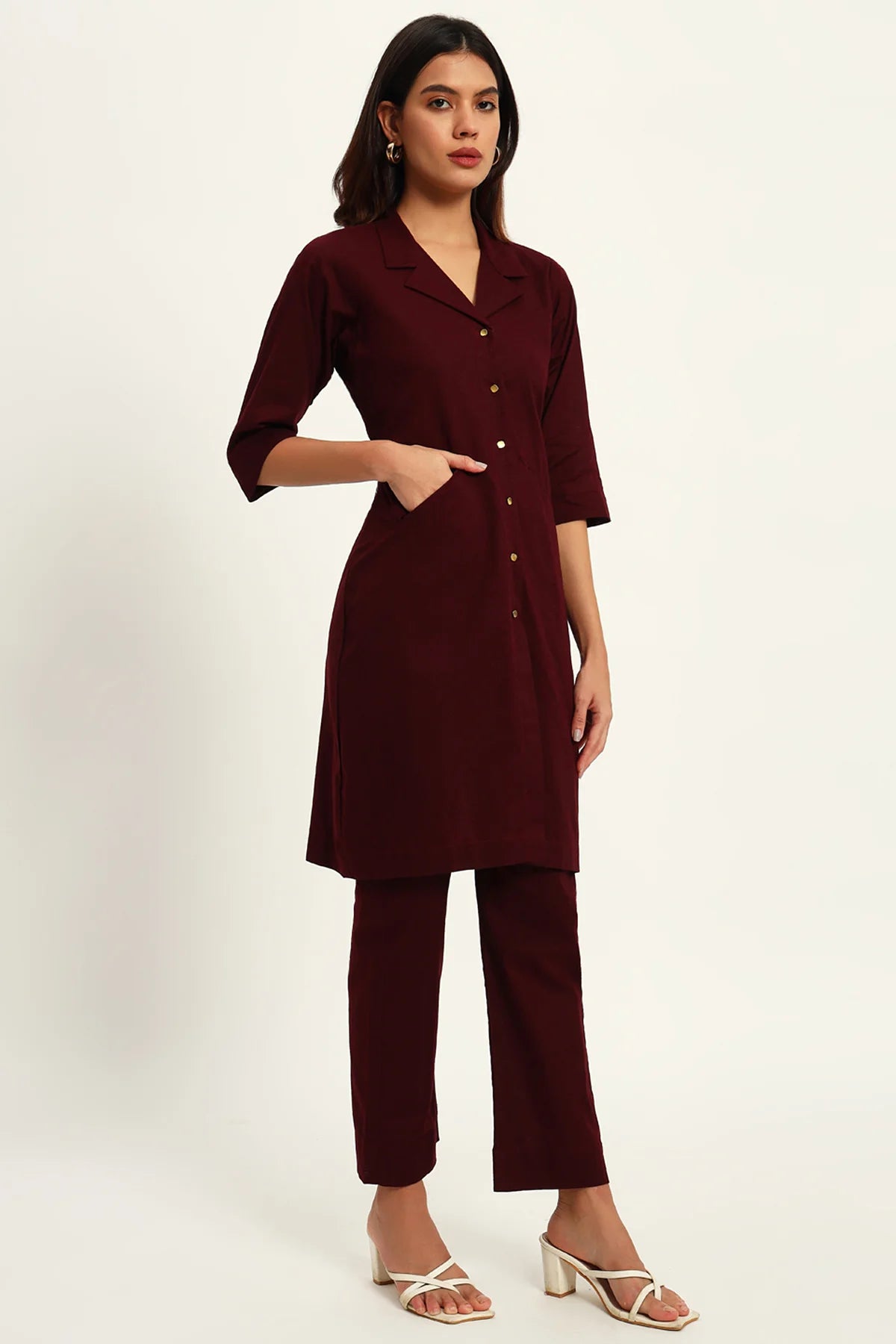 Signature Lapel Kurta Pant Set, Wine