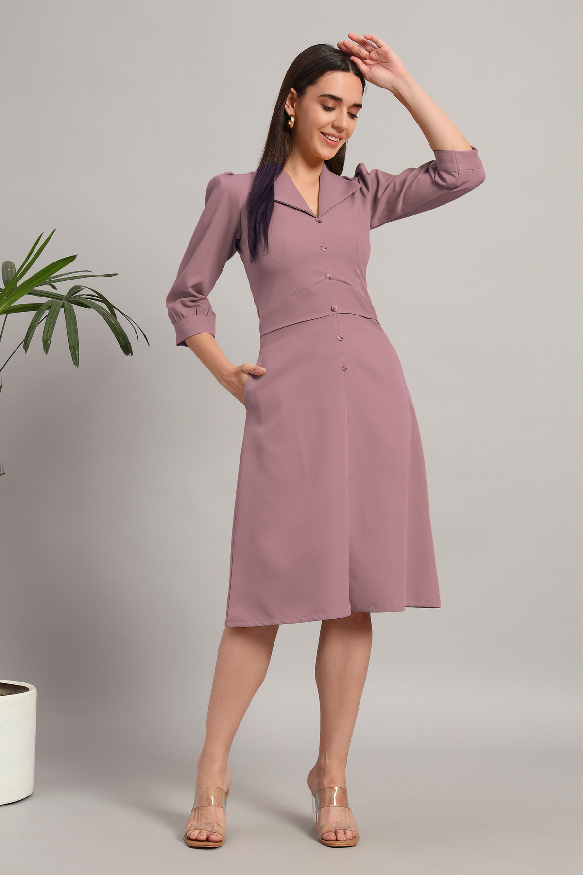 Dusty Blush Pink, Full Sleeves Midi Dress