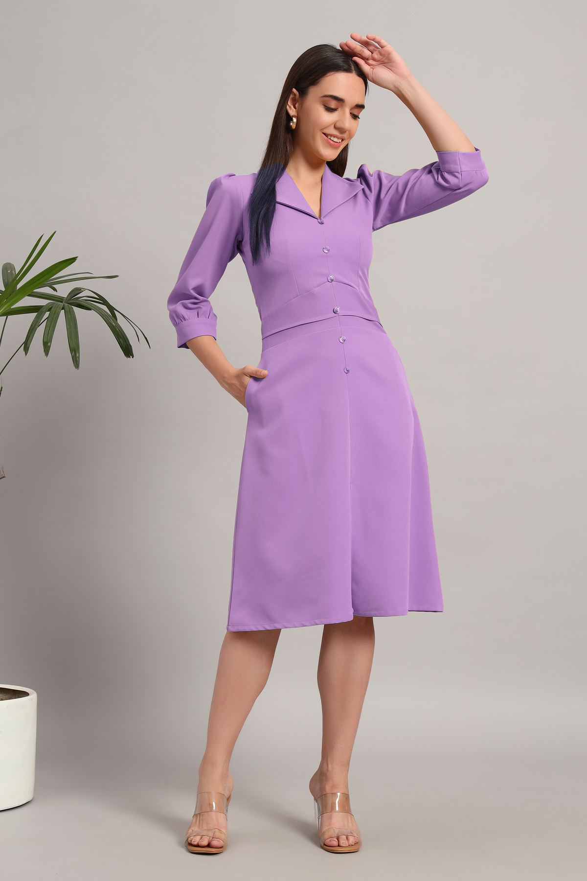 Lilac, Full Sleeves Midi Dress