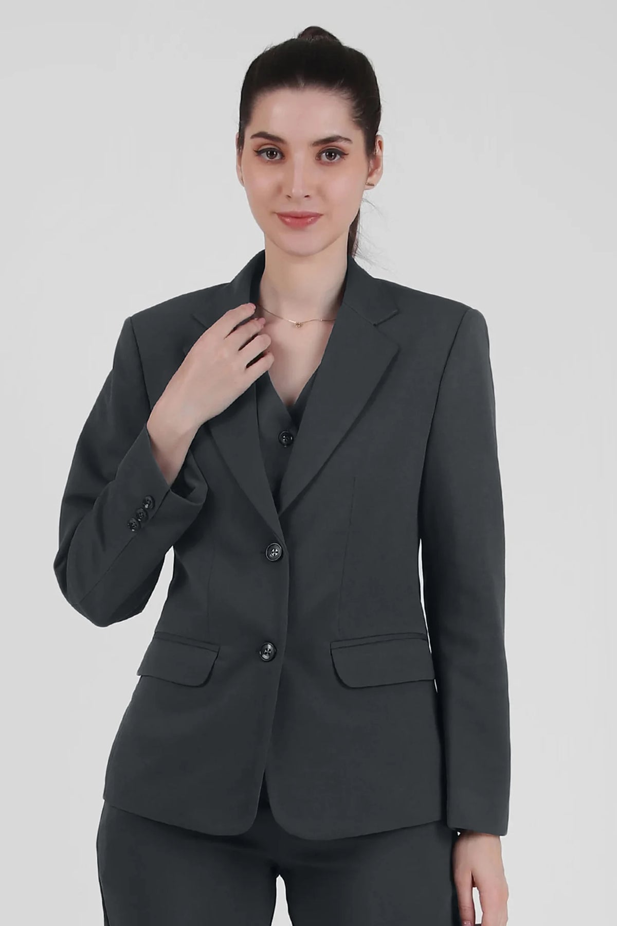 Stretch Crepe Single Breasted Blazer, Bluish Gray