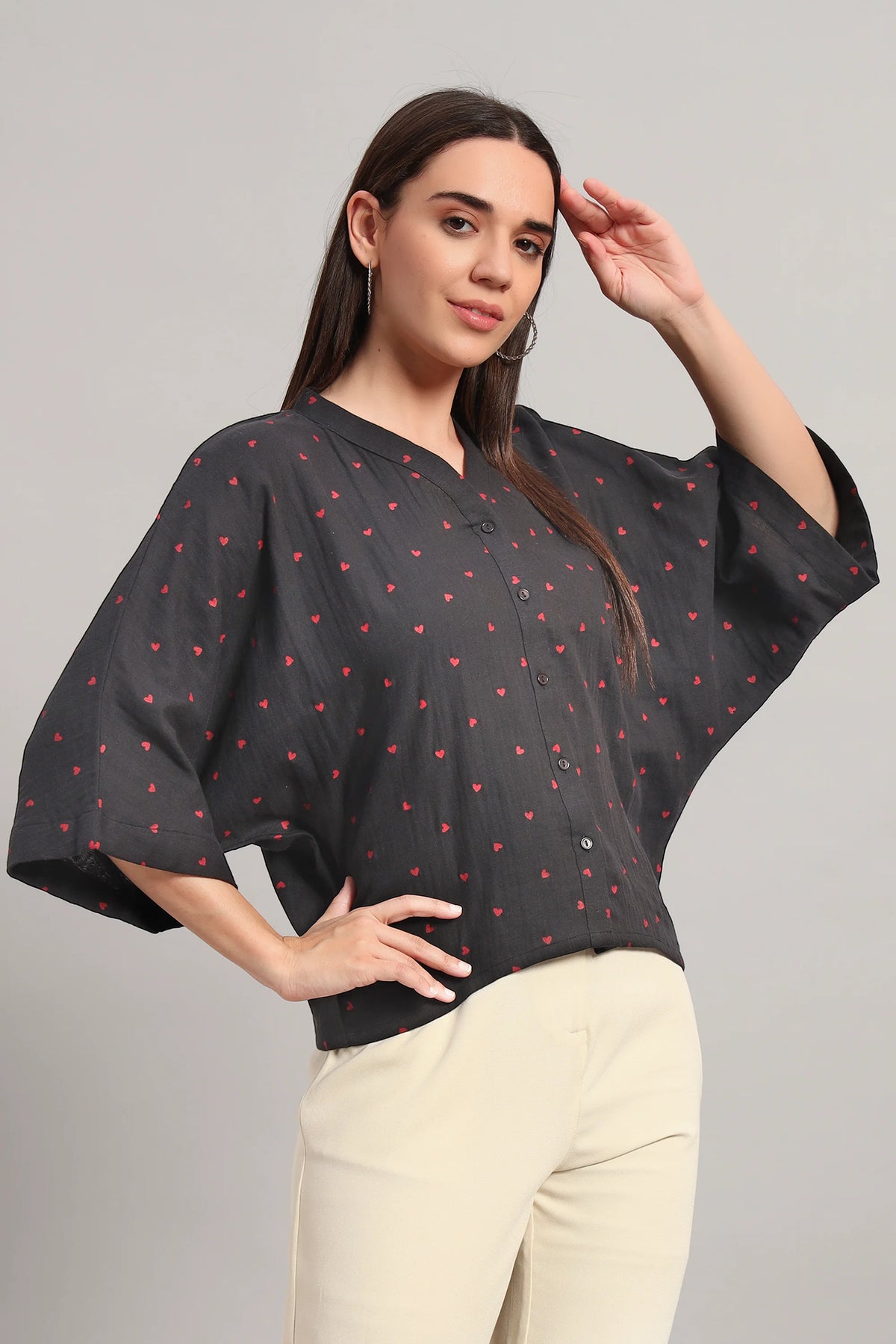 Flare Affair, Dark Grey V-Neck Shirt Style Top