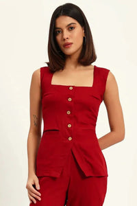 Square Neck Linen Vest – Red