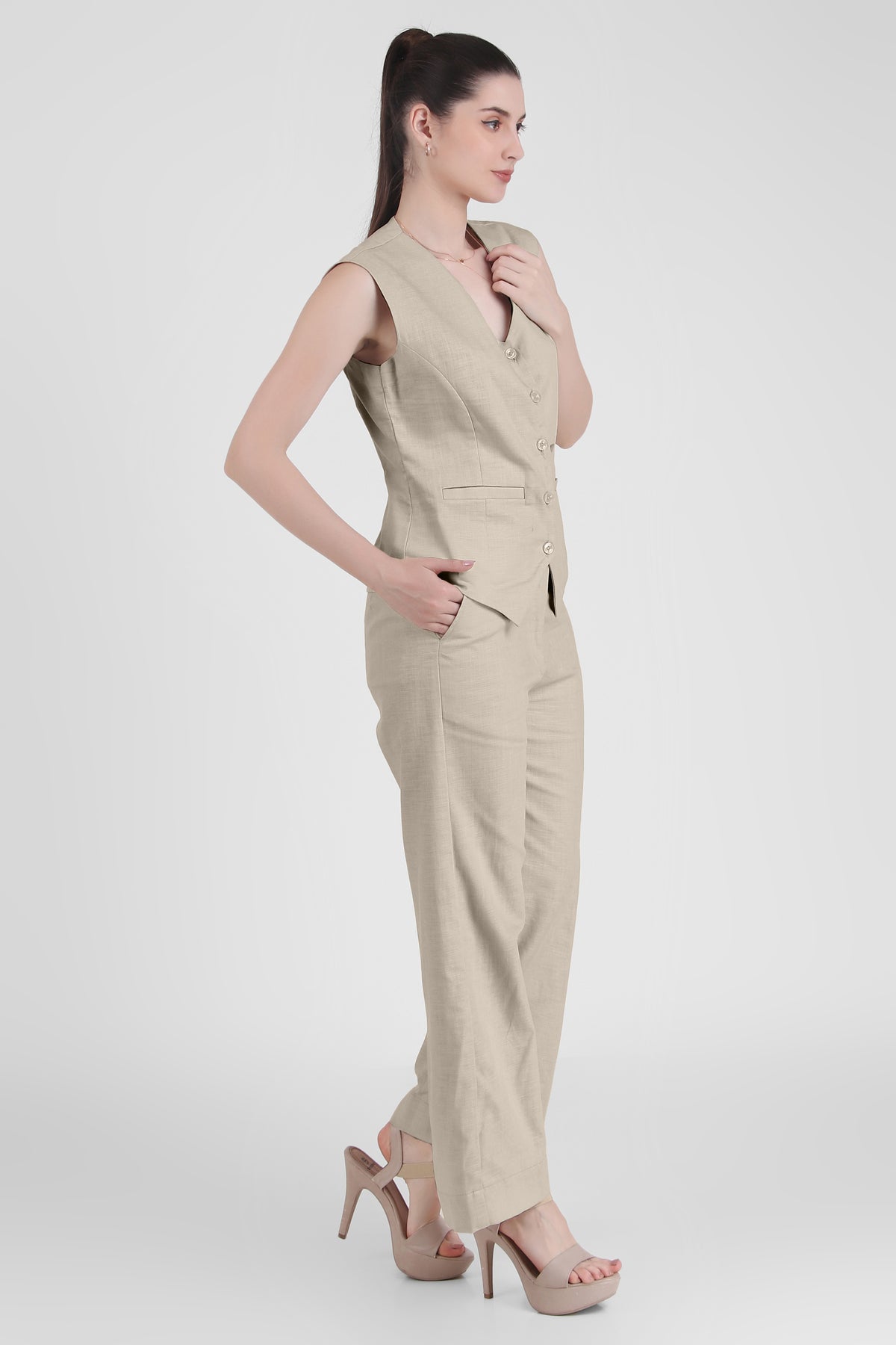 Linen Trio : 3 Piece Suit Set Waistcoat, Blazer, Pant in Beige