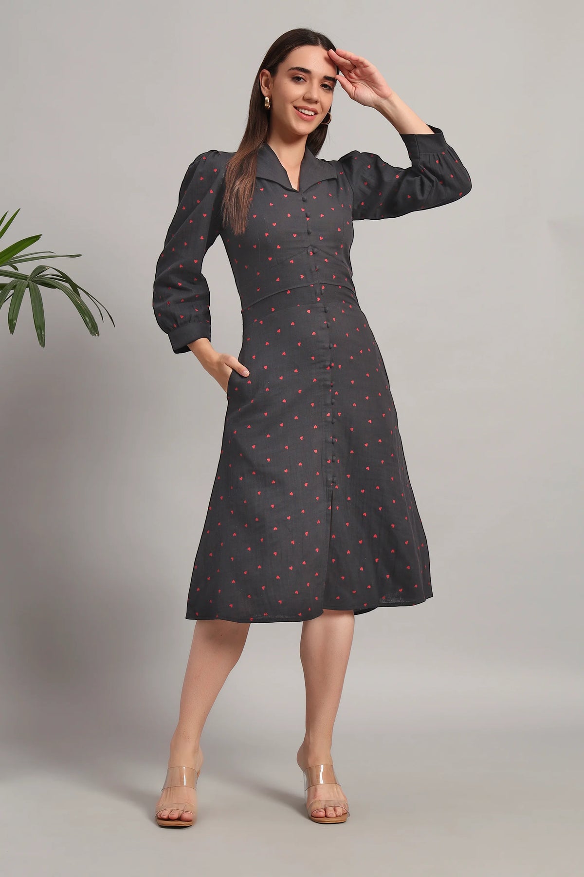 Heartbeat, Dark Grey, Full Sleeves Midi Dress