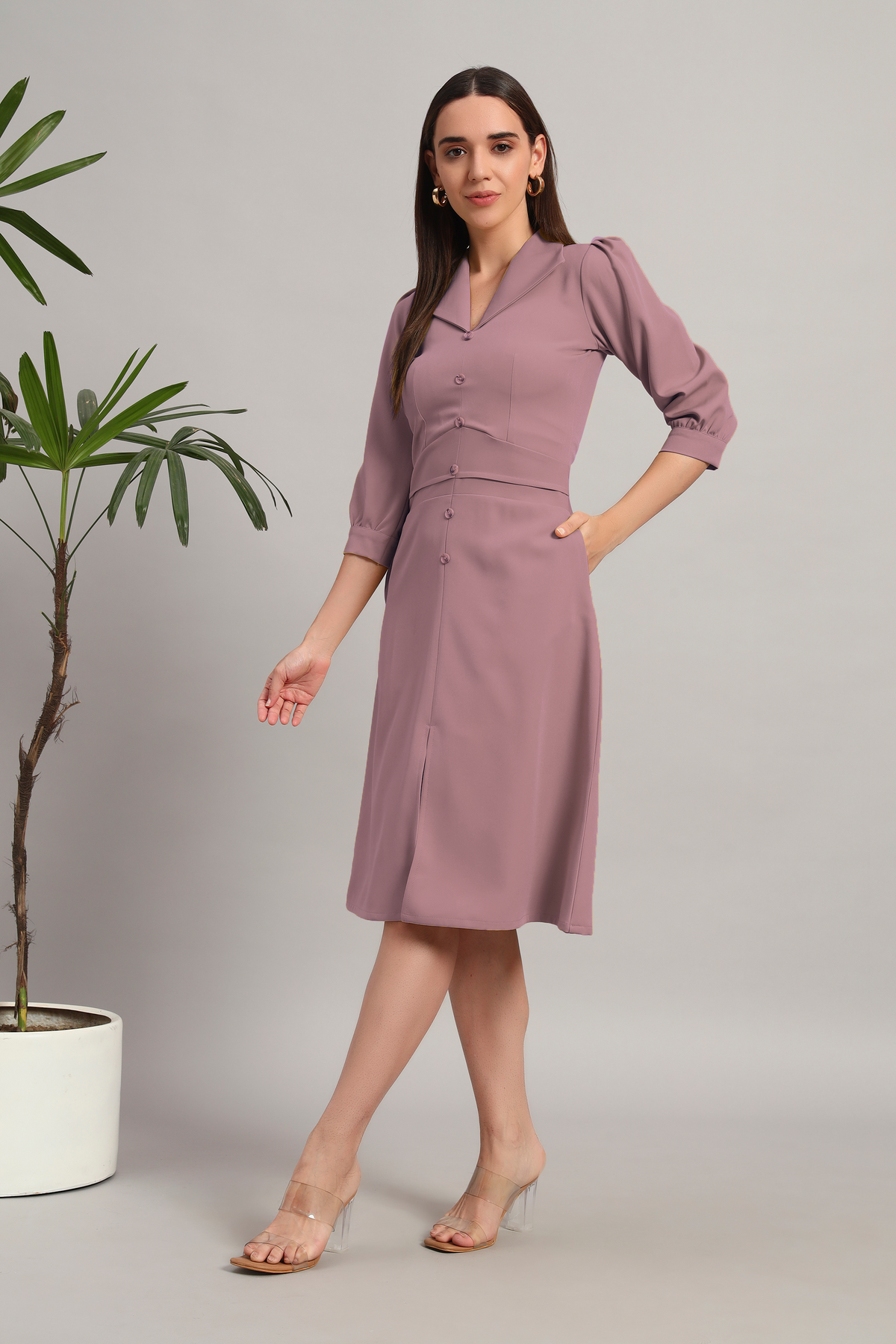 Dusty Blush Pink, Full Sleeves Midi Dress