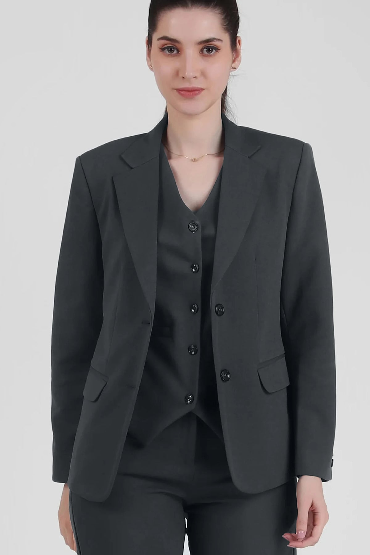 Stretch Crepe Single Breasted Blazer, Bluish Gray