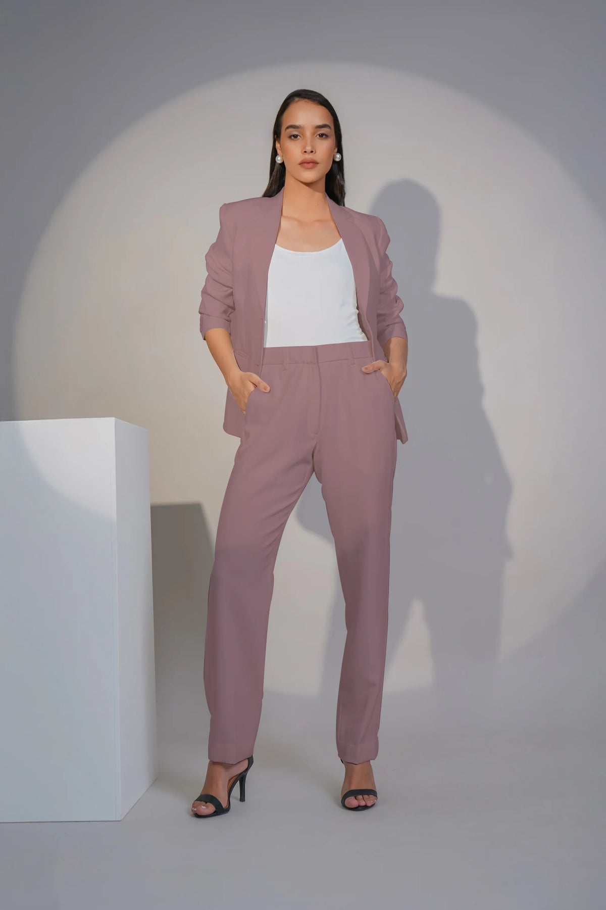 Eternal Office Blazer with Pants Power Suit, Dusty Blush Pink
