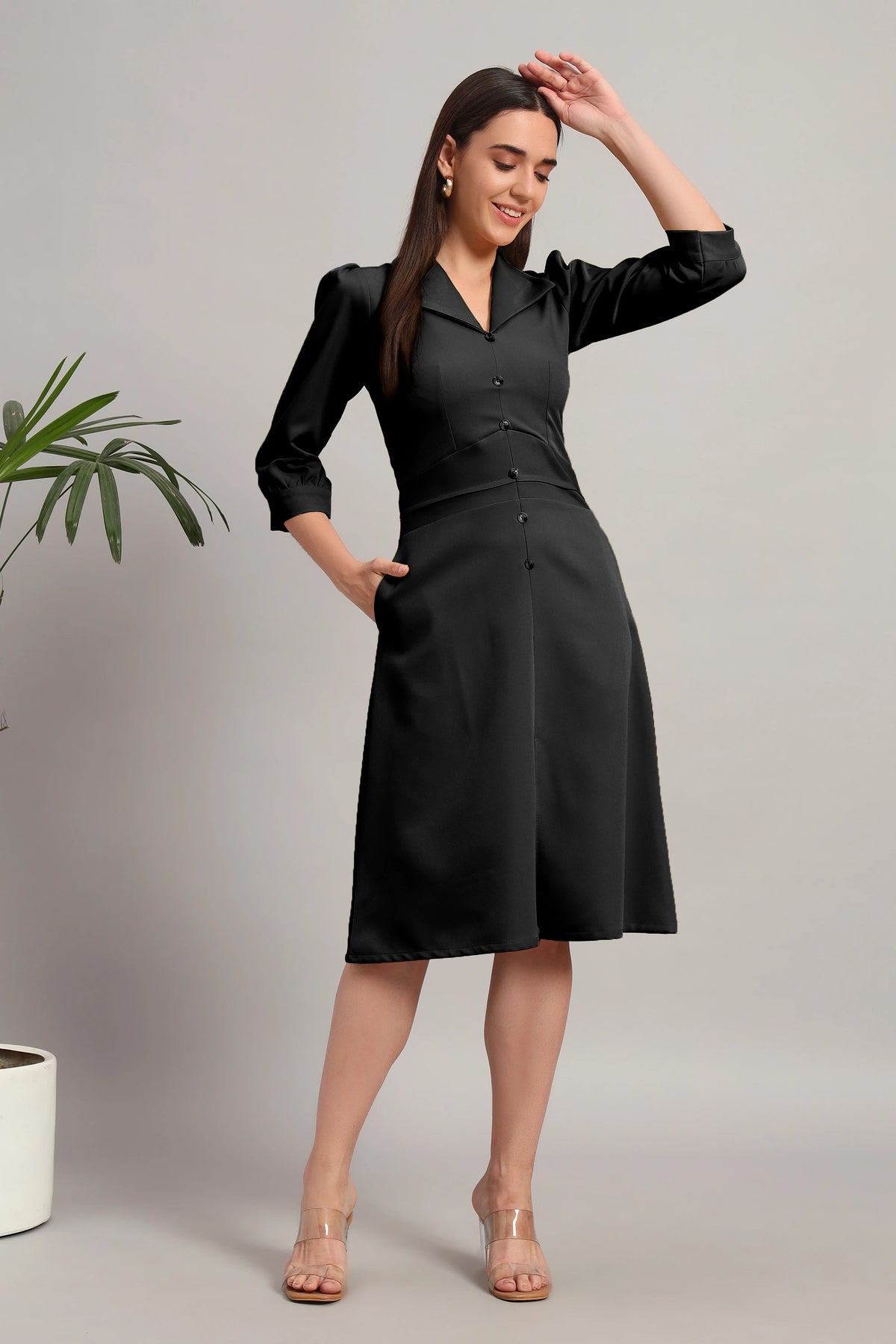 Full Sleeves Midi Dress, Black