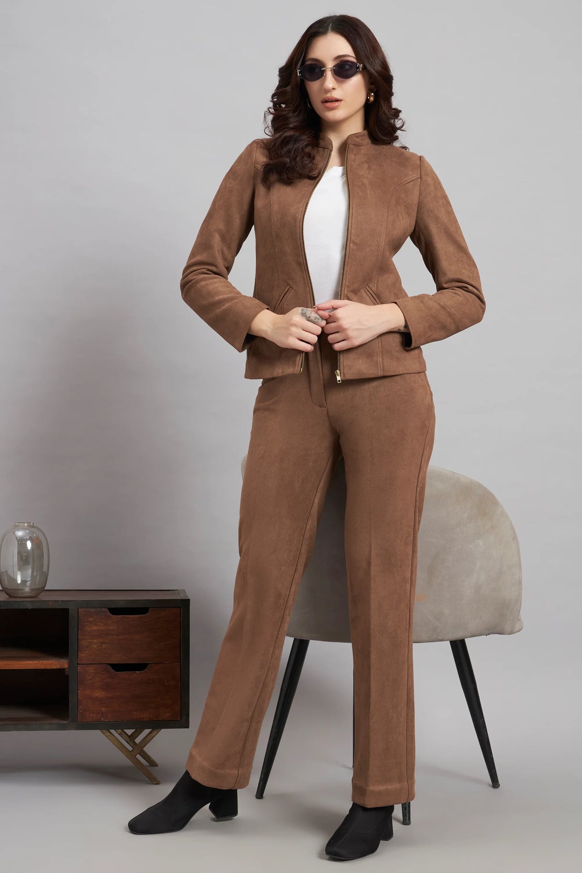 Grace with Grit Suede Jacket Trouser Co-ord, Brown