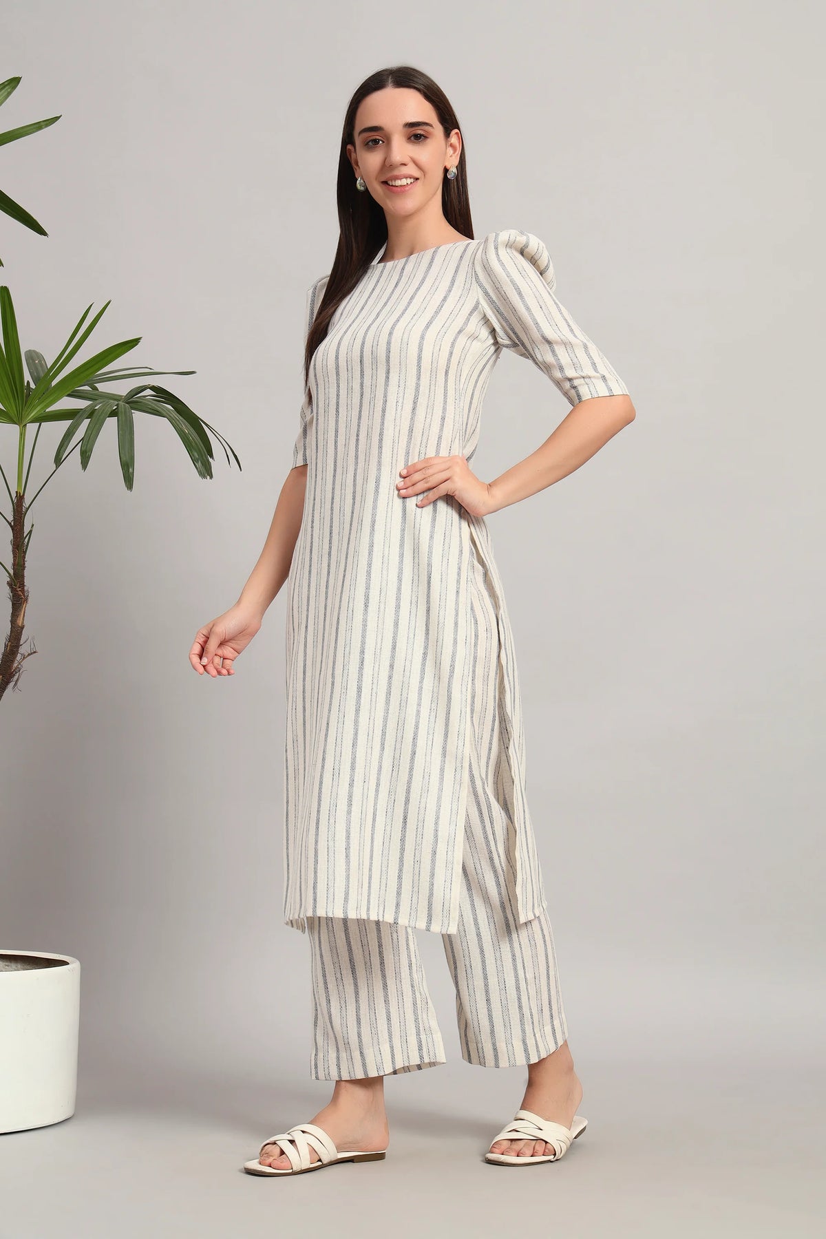 Dufftar Diaries Kurta Set, Beige Stripes