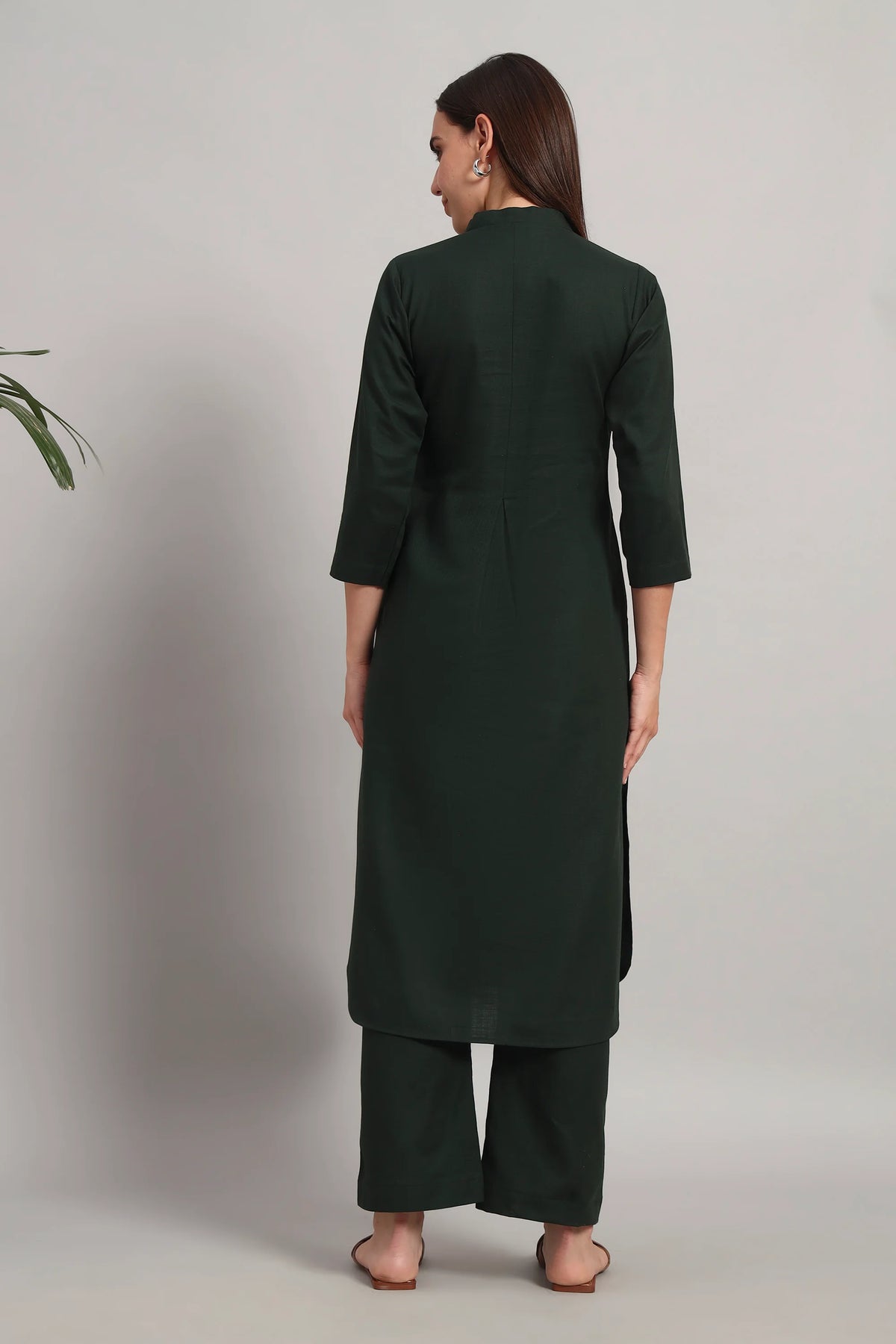 V-Neck, Kurta Set, Bottle Green