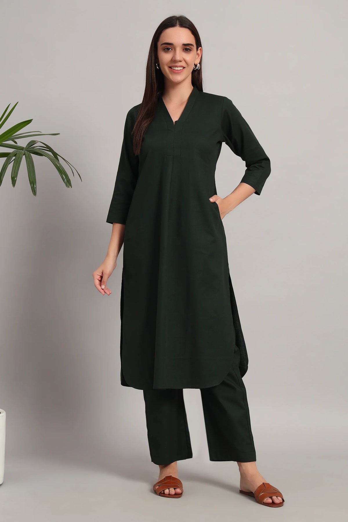 V-Neck, Kurta Set, Bottle Green