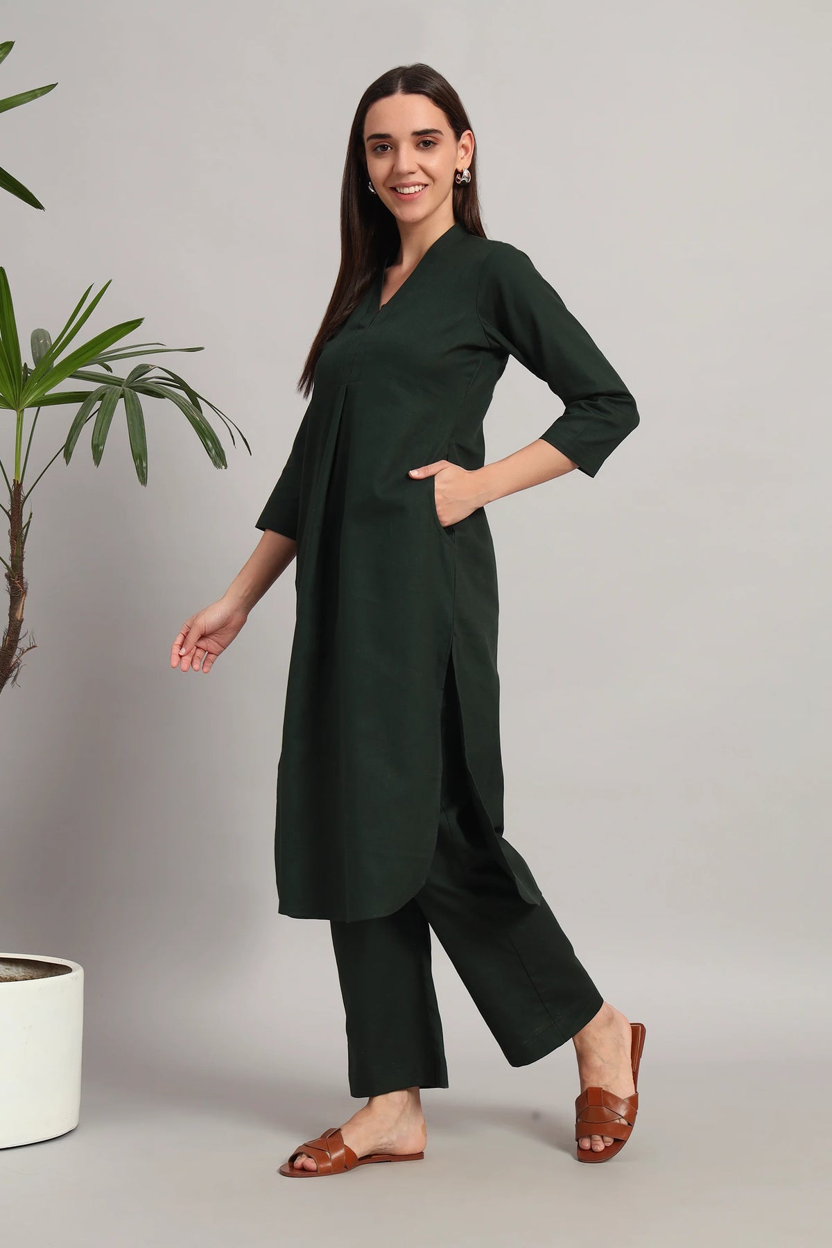 V-Neck, Kurta Set, Bottle Green