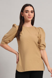 Puff Sleeve Round Neck Top – Khaki
