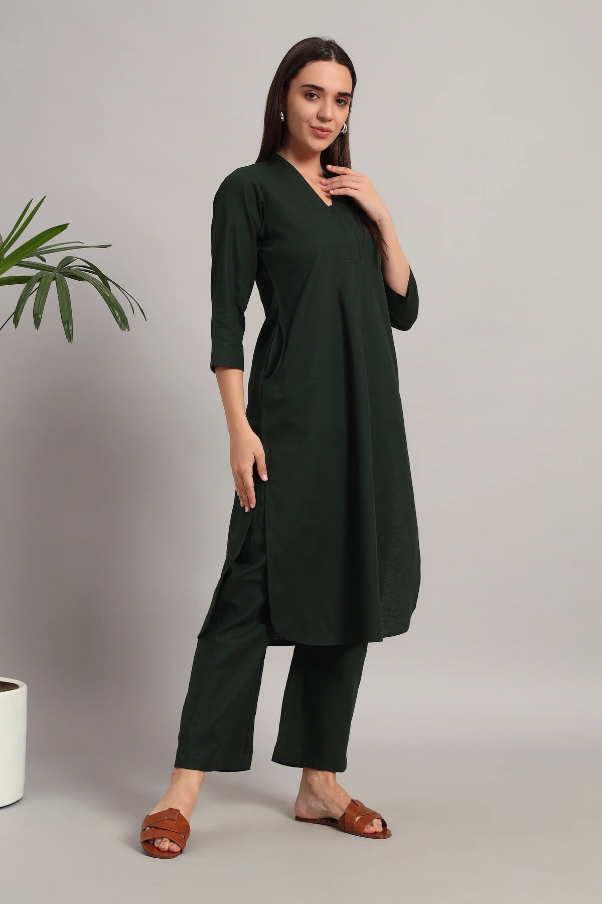 V-Neck, Kurta Set, Bottle Green