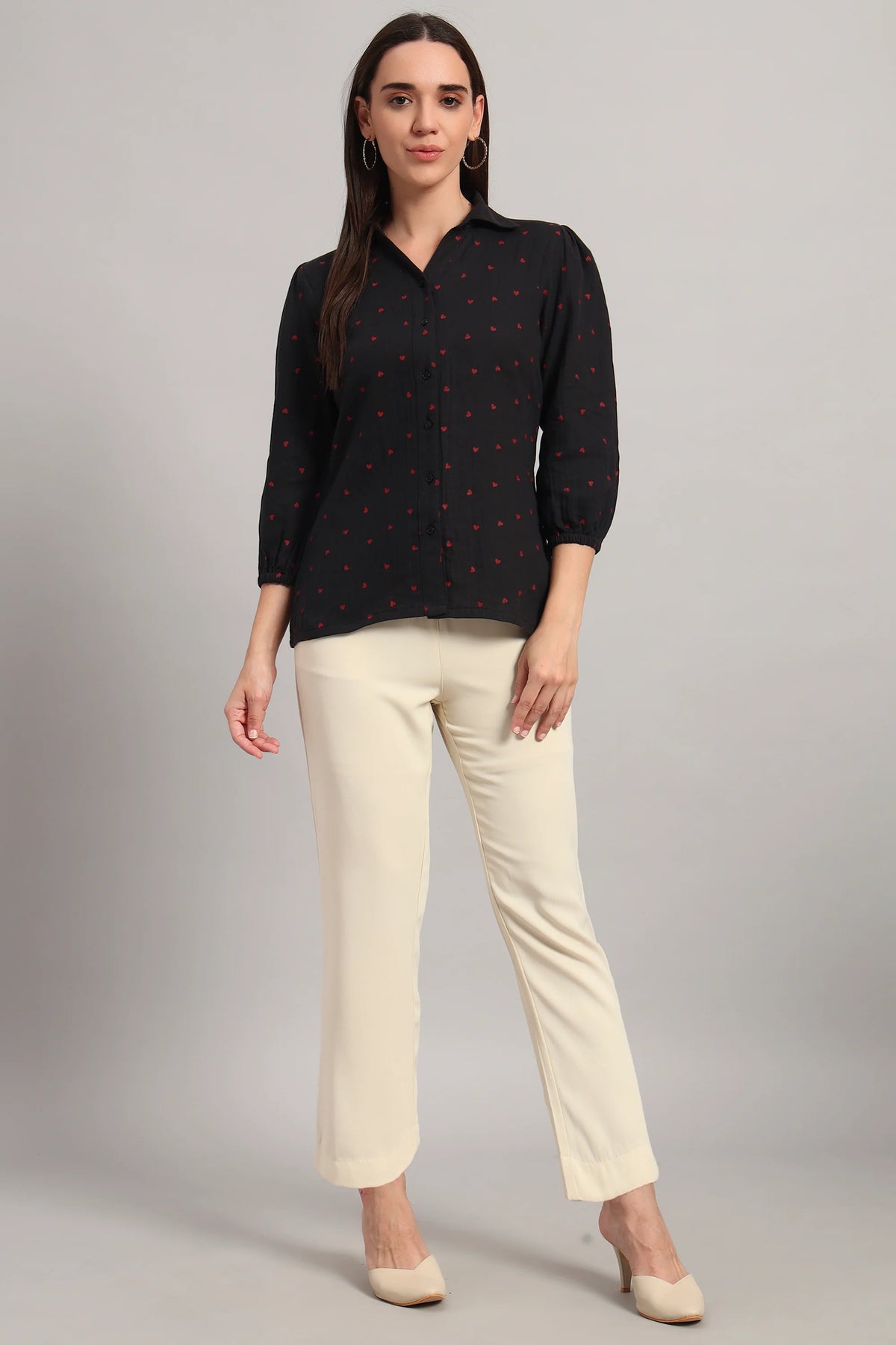 The All-Day Shirt Collar Top, Black Print