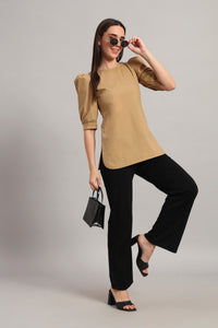 Puff Sleeve Round Neck Top – Khaki