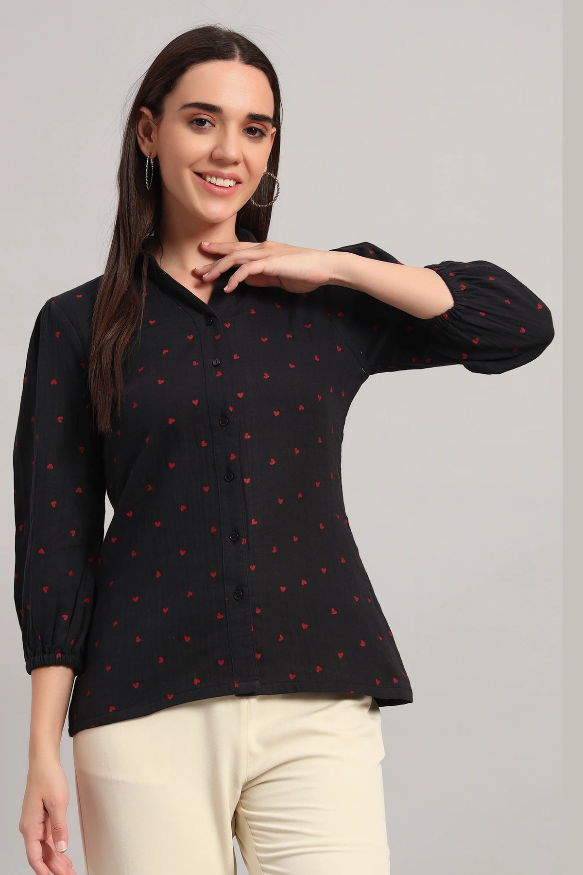 The All-Day Shirt Collar Top, Black Print