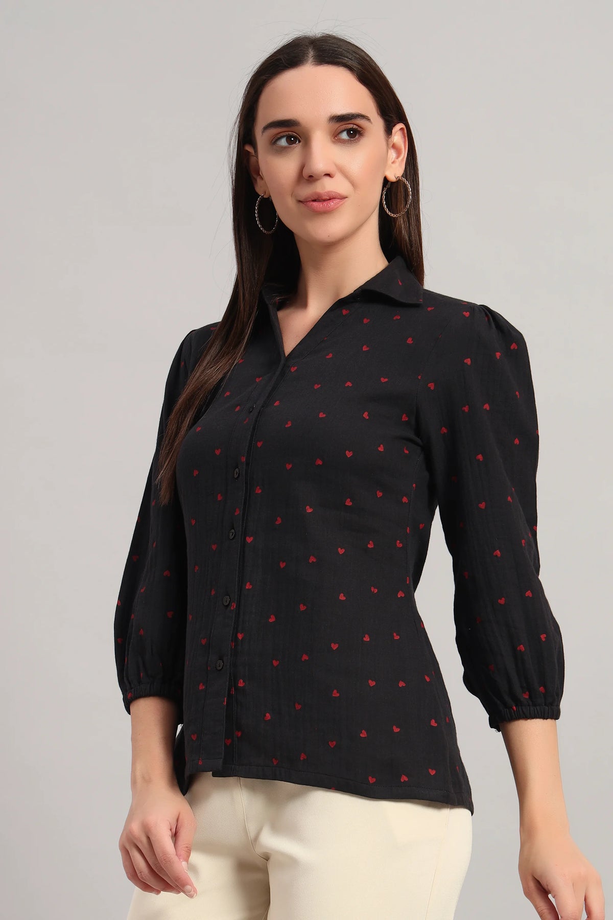 The All-Day Shirt Collar Top, Black Print