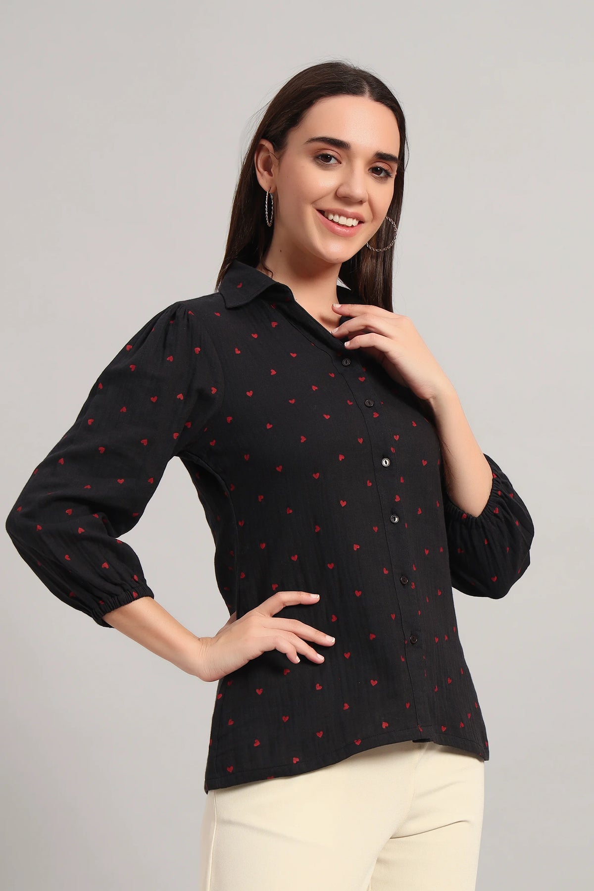 The All-Day Shirt Collar Top, Black Print