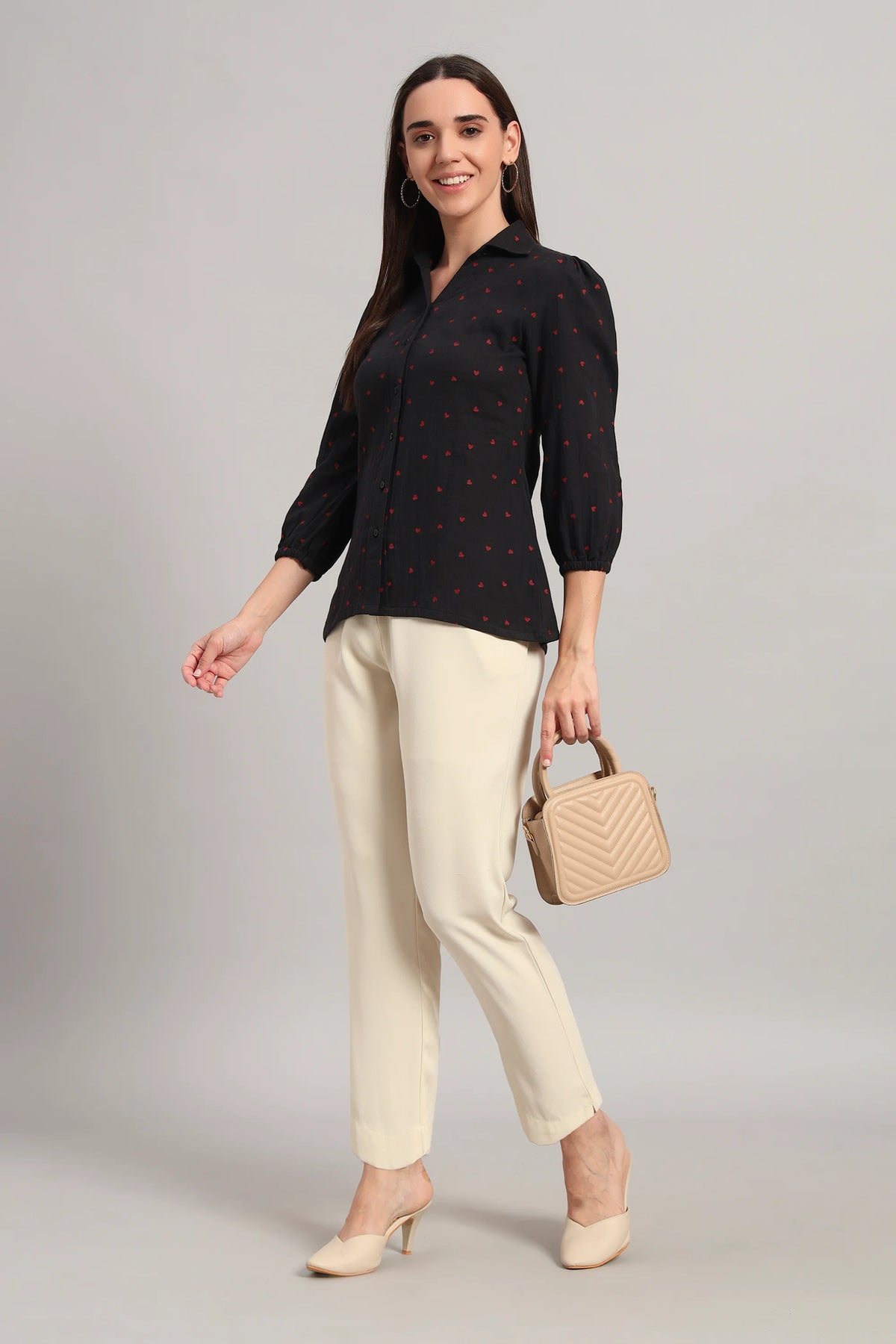 The All-Day Shirt Collar Top, Black Print