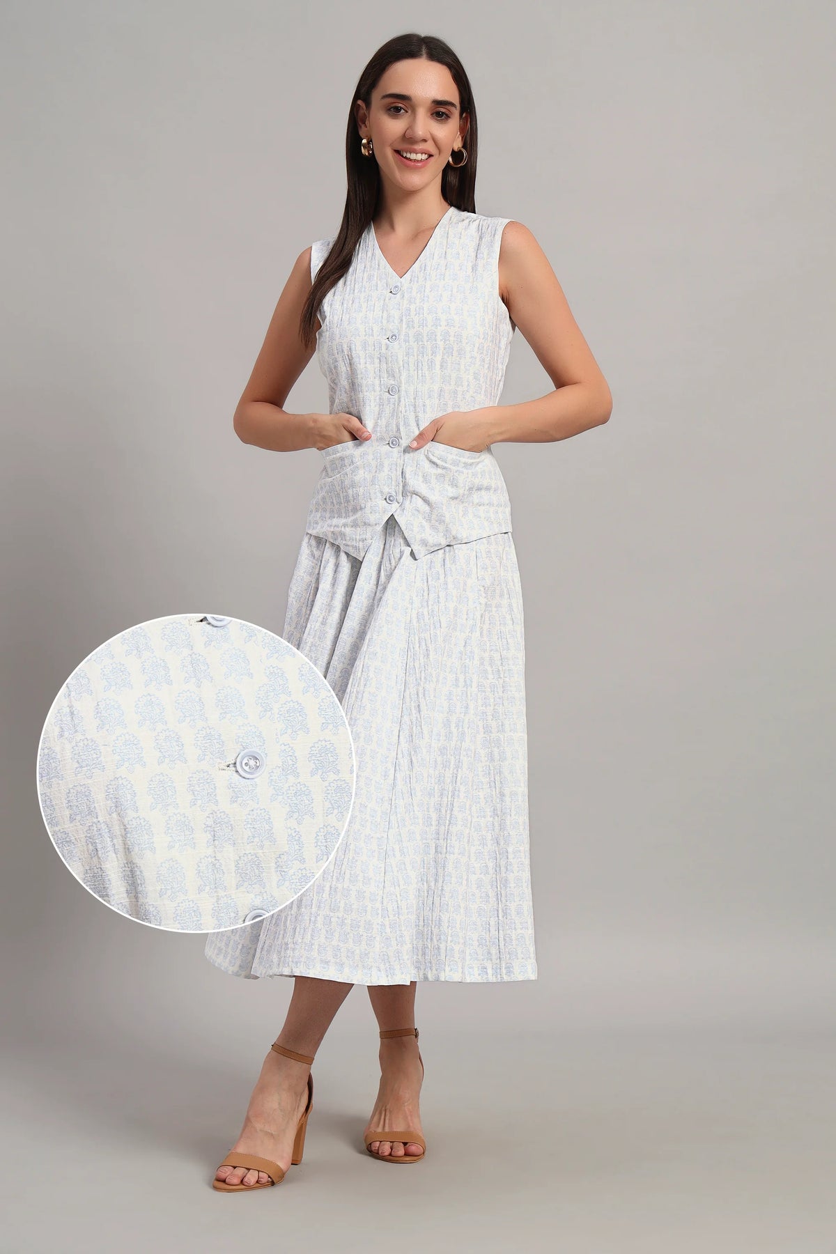 The Classic Waistcoat & Skirt Set, Printed Sky Blue