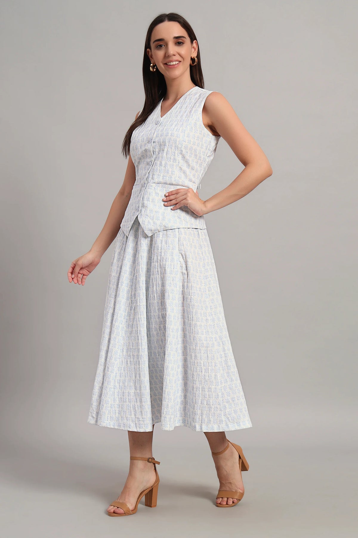 The Classic Waistcoat & Skirt Set, Printed Sky Blue