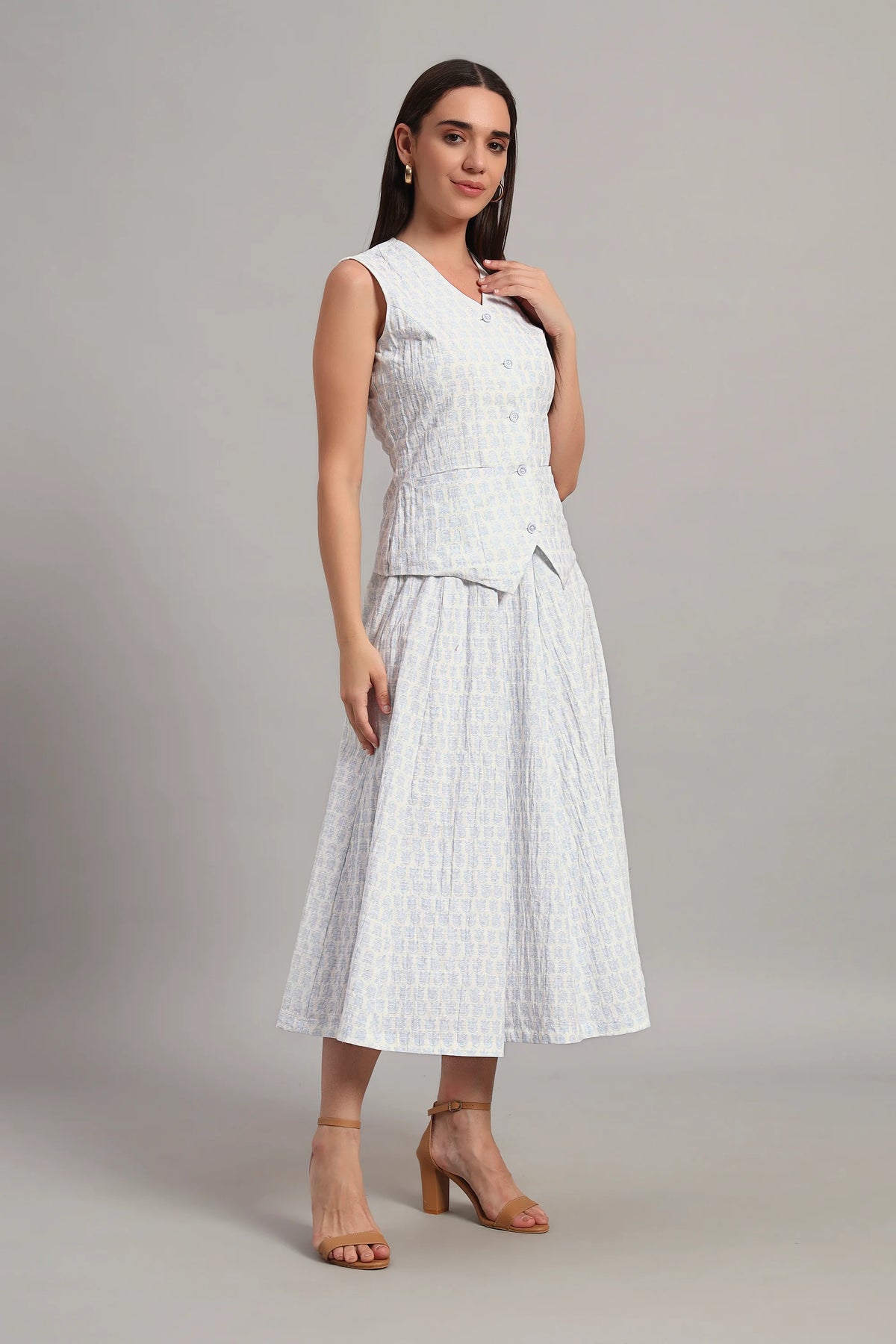 The Classic Waistcoat & Skirt Set, Printed Sky Blue