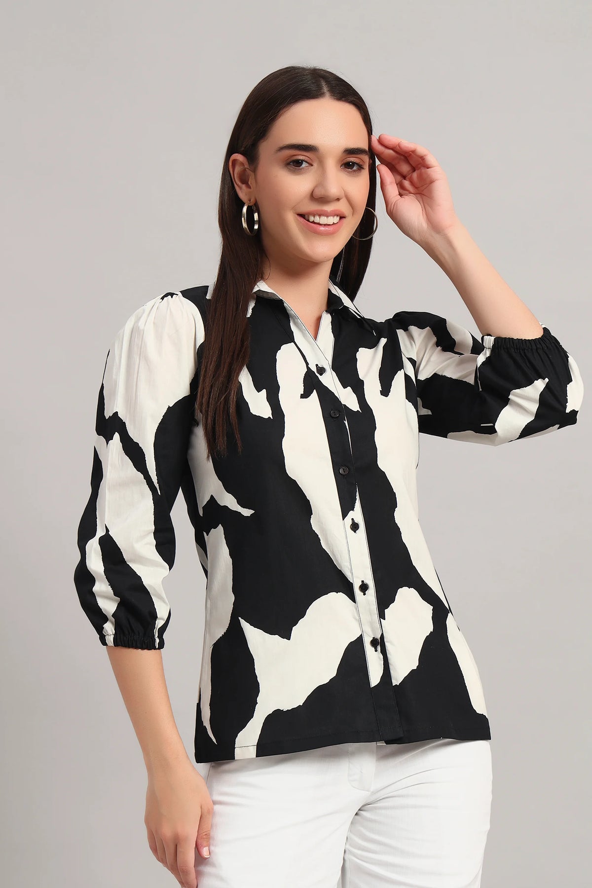The All-Day Shirt Collar Top, Monochrome Print
