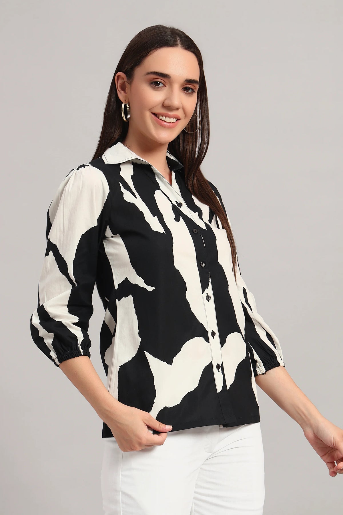 The All-Day Shirt Collar Top, Monochrome Print