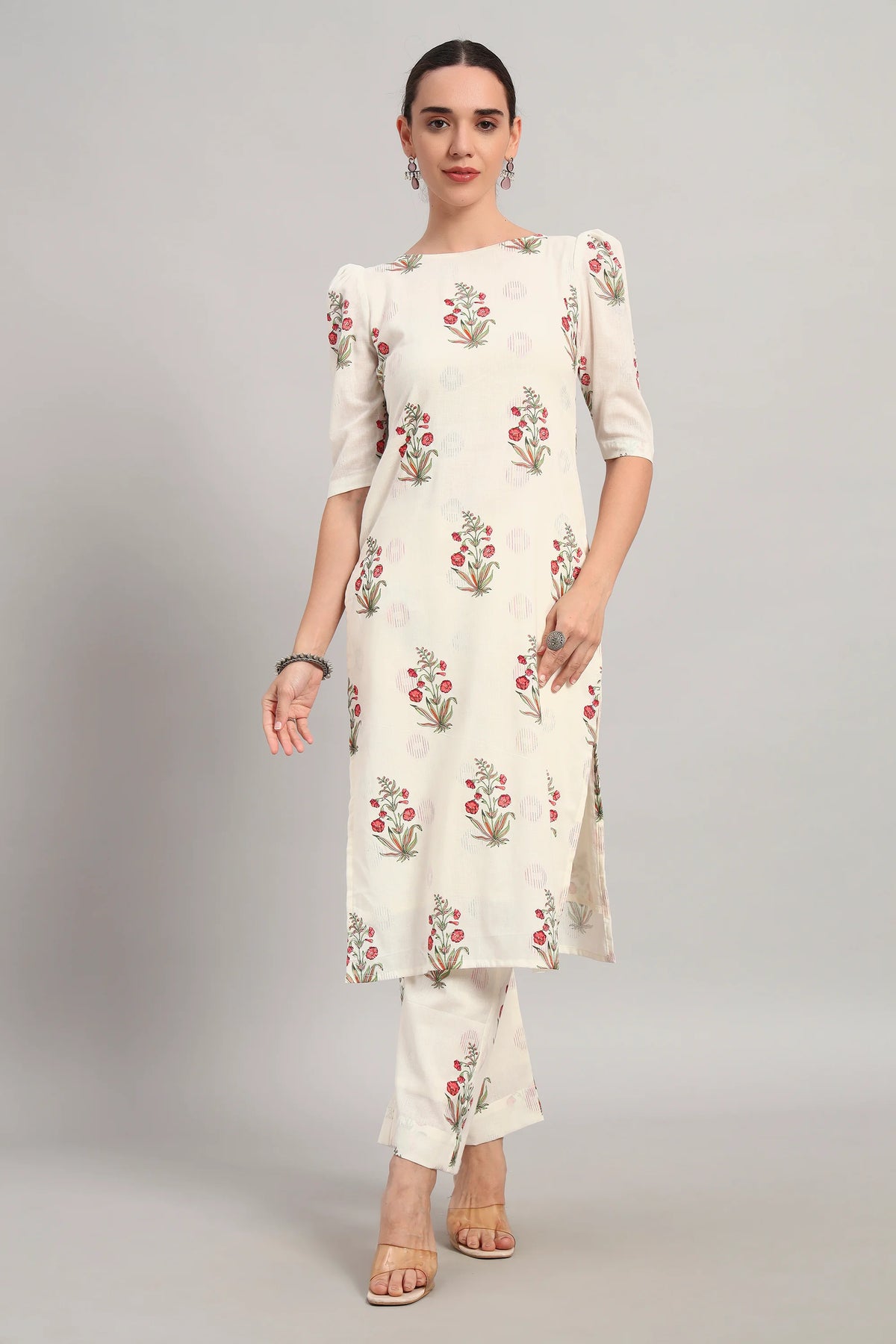 Dufftar Diaries Kurta Set, Floral Beige