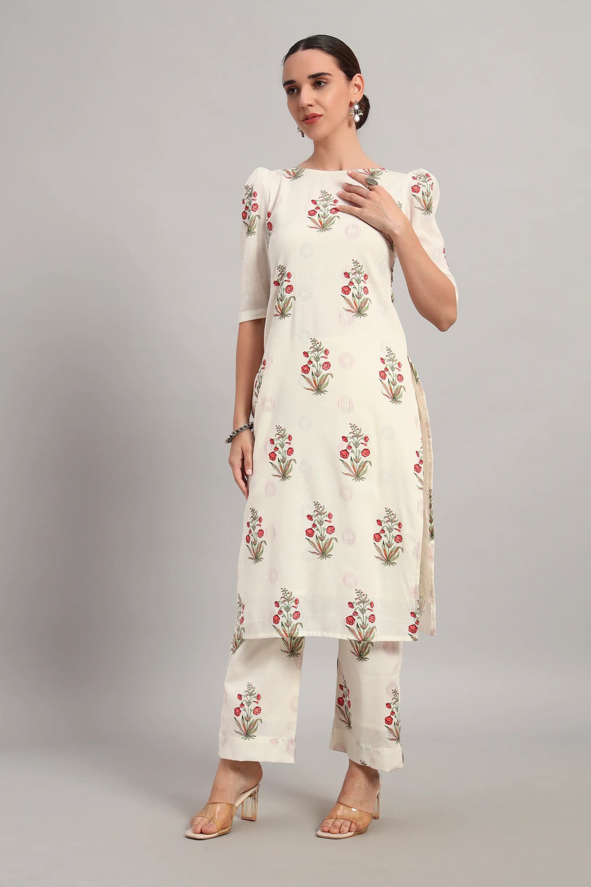Dufftar Diaries Kurta Set, Floral Beige