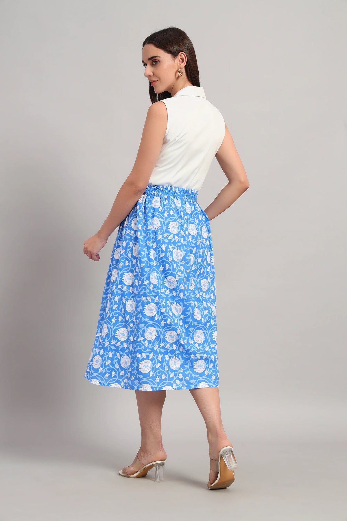 Lotus Bloom Skirt Set, Blue and White