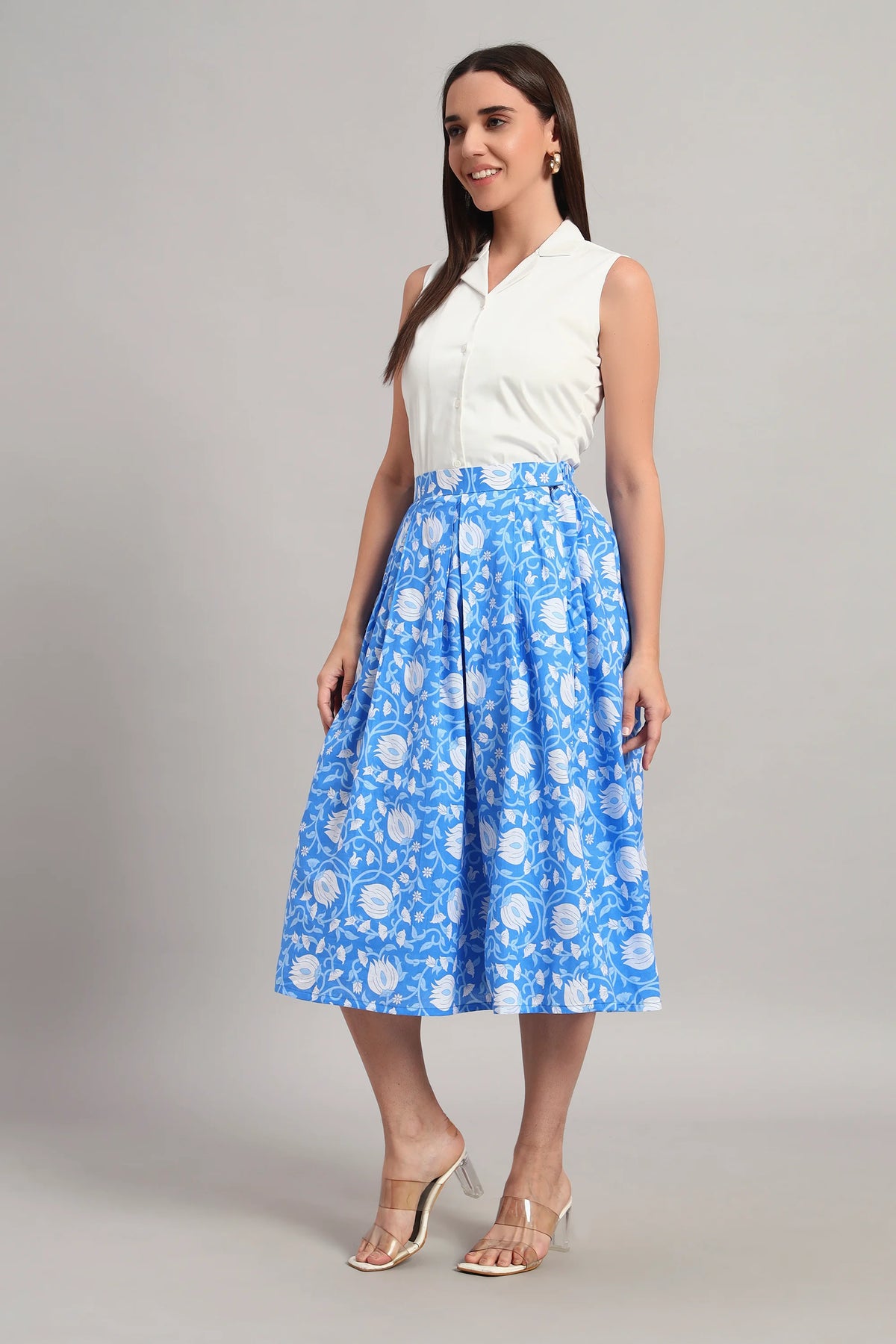 Lotus Bloom Skirt Set, Blue and White